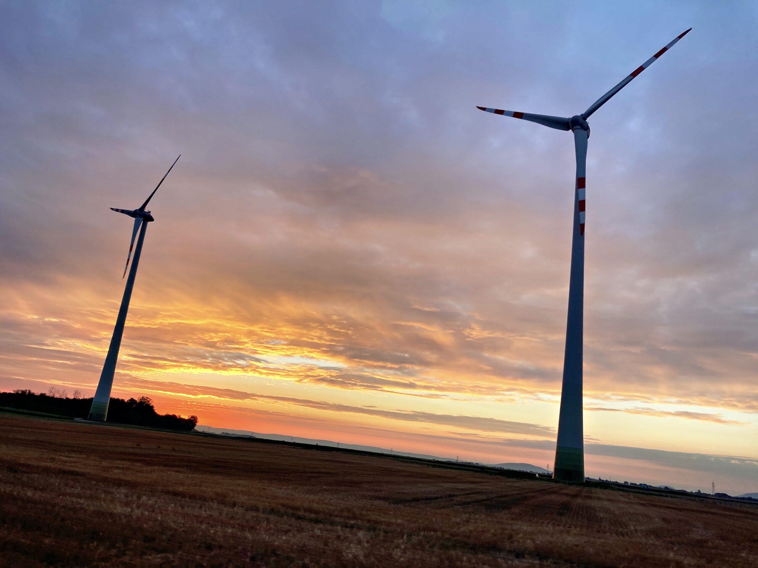 Windräder bei Sonnenaufgang im Weinviertel